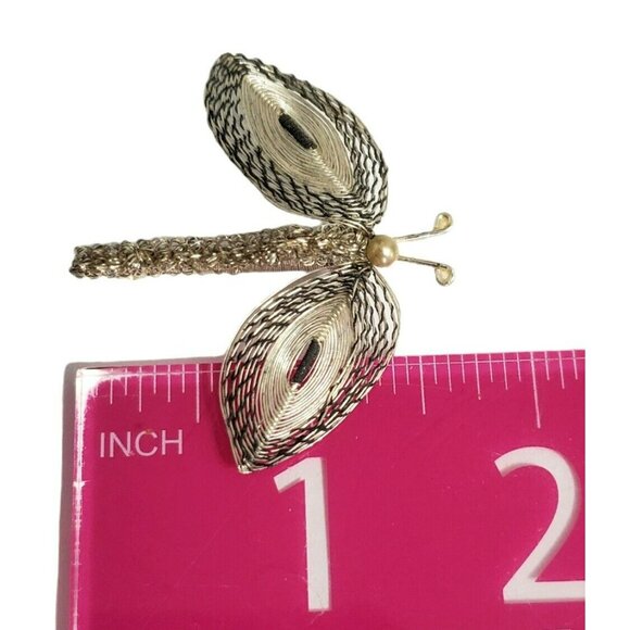 VTG Spun Butterfly Brooch Pin Silver Tone Woven Wire Dragon Fly Moth Faux Pearl - Picture 6 of 6